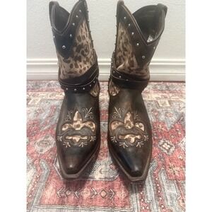 RC Women Brown Leather Leopard Print Western Studded Harness Boots RC5005 12M